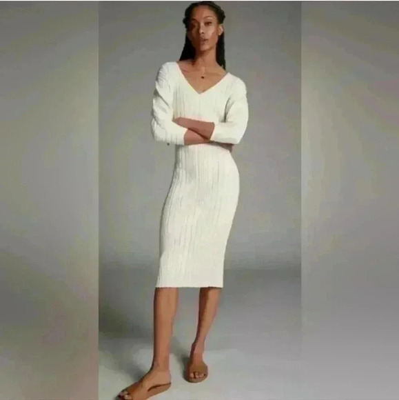 Maeve by Anthropologie lvory CreamRibbed Stretchy Bodycon Sweater Dress Size Sm - Picture 2 of 8